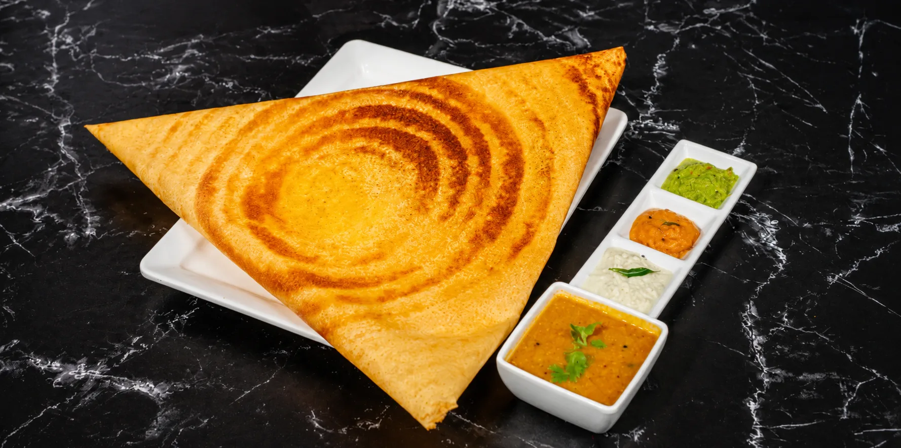 South Indian family dinner featuring Masala Dosa, Vegetable Biryani, Paneer Butter Masala, and Idli Sambar at A2B NC North Carolina